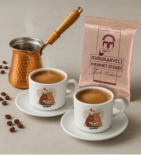 BK Gift Karıcım-Kocacım Tasarımlı 2'li Türk Kahvesi Fincanı & Bakır Cezve & Türk Kahvesi Seti-3, Arkadaş Hediye, Sevgiliye Hediye