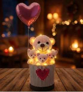 Livra Gift - Pembe Kalp Balonlu Led Işıklı Peluş Ayıcık Buketi & Özel Seri Kalp Logolu Hediye Kutusu - Sevgililer Günü & Yıldönümü Hediyesi
