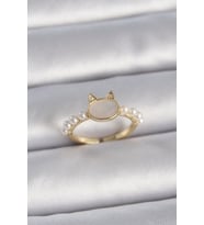 Pirinç Gold Renk Ayarlanabilir Beyaz Mineli Kedi Model İnci Detay Kadın Yüzük TJ-BYK3386