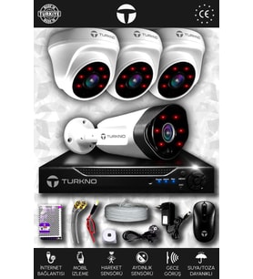 TURKNO 4 Kameralı Galia 3 İç Kamera Set HDD'siz Full HD Gece Görüşlü Güvenlik Kamerası Sistemi