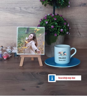 Emlakçı Fotoğraflı Dekoratif Taş, Ahşap Altlıklı Türk Kahvesi Fincanı Hediye (Model 5)