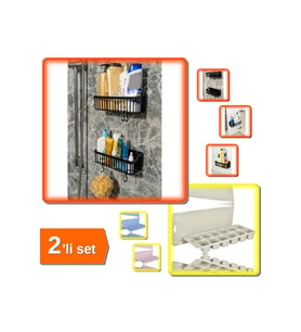 2 Adet Yapışkanlı Plastik Askılı Mutfak Banyo Rafı + Kapaklı Buz Kalıbı