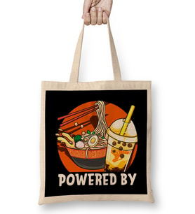 Powered By Ramen & Bubble Tea Anime Kawaii Boba Bez Çanta Uzun Saplı