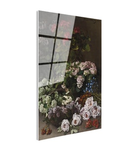 Tamperli Gerçek Cam Tablo Claude Monet Sepetli Çiçekler Canlı Renkler Ressam Tablosu Dekoru