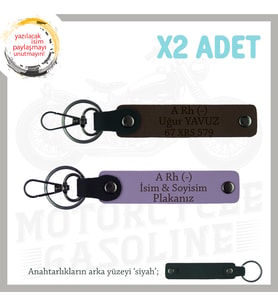 Motorcu Dostlara İsim Plaka ve A Rh (-) Kan Grubu Güvenli Sürüş x2 Anahtarlık Set, Mor-K Kahve-Syh