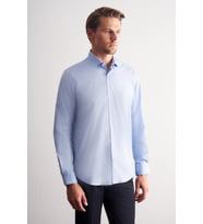 Mavi Yarım İtalyan Yaka Uzun Kol Slim Fit Pamuklu Gömlek 1004255189