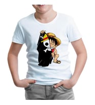 One Piece Luffy with a Half Flag Beyaz Çocuk Tshirt