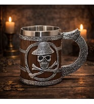 Korsan Kurukafa Figürlü Ahşap Fıçı Tasarımlı Dekoratif Kupa Bardak Metal İç Hazneli Fantasy Mug