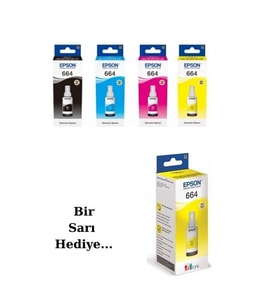 T664 Ecotank L220 4 Renk Orjinal Mürekkep Seti + 1 Adet Sarı Hediyeli T664 244 Uyumlu