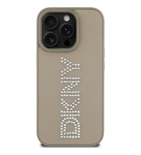 Apple iPhone 14 Pro Max Uyumlu Kılıf DKNY Orjinal Lisanslı Taşlı DKNY Yazılı Metalik Rhinestones PU Deri Kapak (Kahverengi)