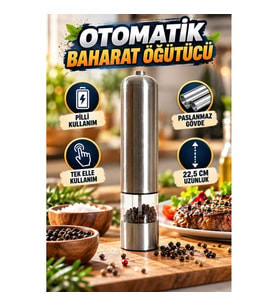 Pilli Otomatik Baharat Değirmeni – Paslanmaz Gövde, Tek Elle Kullanım, 22,5 cm