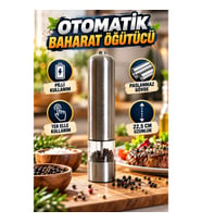 Pilli Otomatik Baharat Değirmeni – Paslanmaz Gövde, Tek Elle Kullanım, 22,5 cm