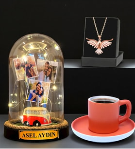 Sizlere Özel Led Işıklı Fanus, Türk Kahvesi Fincanı ve Anka Kuşu Kolye (Model 6)