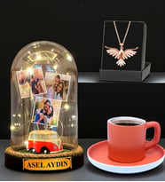 Sizlere Özel Led Işıklı Fanus, Türk Kahvesi Fincanı ve Anka Kuşu Kolye (Model 6)