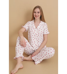 Mirano 3852 Kalp Desenli Bürümcük Gömlek Yaka Düğmeli Kısa Kollu Kadın Pijama Takımı