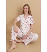 Mirano 3852 Kalp Desenli Bürümcük Gömlek Yaka Düğmeli Kısa Kollu Kadın Pijama Takımı
