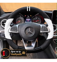 Mercedes B W246 Dikme Direksiyon Kılıfı Delikli Deri Parlak Siyah Beyaz Detay Çift Yüzük ve Dikiş 2014-2018