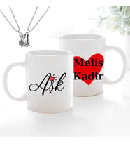 Kişiye Özel İsimli Kupa Bardak ve Mıknatıslı Çift Kolyesi Seti - Sevgiliye Hediye