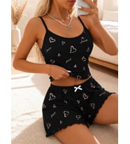 Fantezia Night Kadın Love Yazılı ve Kalp Desenli Dantel Askılı Şortlu Pijama Takımı 5262