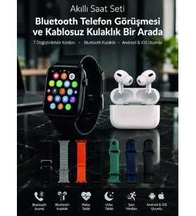 Bluetooth Telefon Görüşmeli Akıllı Saat Seti Kablosuz Bluetooth Kulaklık 7 Değiştirilebilir Kordon