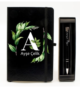 Kişiye Özel Siyah Defter & Kişiye Özel Siyah Tükenmez Kalem Hediye Seti