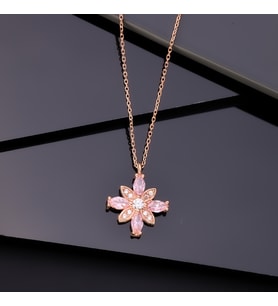 925 Ayar Gümüş Pembe Taşlı Kamelya Çiçeği Kolye