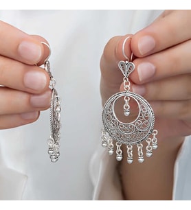 Gümüş Çember Telkari Sallantılı Kadın Küpe