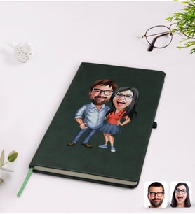 BK Gift Kişiye Özel Sevgililer Karikatürlü Yeşil Termo Deri Defter Model 105