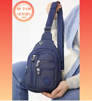 Lacivert Unisex Su Geçirmez Krinkıl Kumaşlı Fermuarlı 5 Bölmeli Çapraz Body Bag Vücut Çantası (Lacivert)