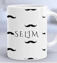 Kişiye Özel Bıyık Desenli İsim Yazılı Hediye Kupa Bardak Babaya Sevgiliye Hediye (Beyaz)