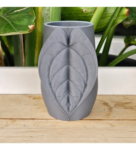 3D Baskı Yaprak Desenli Kap - Kalp Yaprağı Süslemeli Dekoratif Kap-Gri