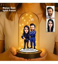 Kişiye Özel Çift Karikatür Fanus  Sevgili ve Evlilere Özel Işıklı Biblo