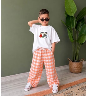 Cg Kids Camp Life Baskılı Tişört ve Ekose Pantolon Erkek Çocuk Takımı / Turuncu