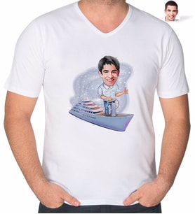 BK Gift Kişiye Özel Erkek Kaptan Karikatürlü V Yaka Tişört-2 (Beyaz)