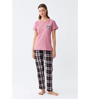 pilelistore- Kadın Somon Ayıcık Baskılı Ekoseli Penye Pijama Takımı