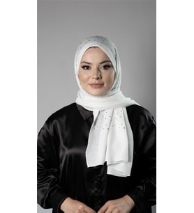 Beyaz Pratik Hazır Geçmeli Tesettür Şal Örme Kumaş Taş Desenli 2118T_42
