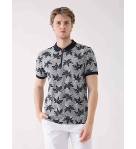 Lacivert Erkek Regular Fit Yaprak Desenli  Polo Yaka T-shirt
