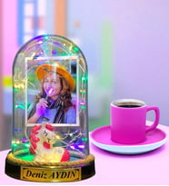 Size Özel Renkli Led Işıklı Fanus ve Pembe Türk Kahvesi Fincanı (Model 10)