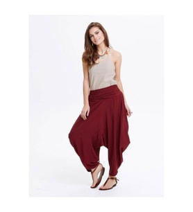 Drape Bel Detaylı Dökümlü Bordo Şalvar Pantolon
