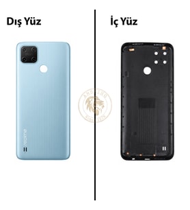 Oppo KAPAK Realme C25Y Mavi Arka Kapak Arka Cam Batarya Kapağı Lazer Kesim Kapak Pil Kapağı Back Cover