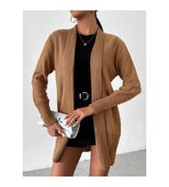 Kadın Şerit Bantlı Önü Açık Triko Hırka CAMEL