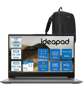 Lenovo Ideapad 3 17IAU7 Intel Core I5-1235U 24GB 512GB SSD Freedos Intel Iris Xe Graphics IPS 17.3 Inç Fullhd 300NITS Taşınabilir Bilgisayar 82RL00CLTXF17 + Zetta Çanta