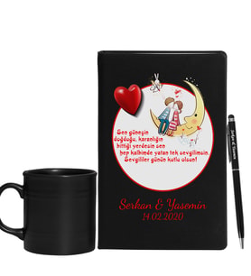 Sevgililer Gününe Özel Siyah Defter Kalem & Varil Kupa Hediye Seti 21