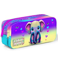 Coral High Pembe Turkuaz Fil İki Bölmeli Kalem Çantası - Kız Çocuk