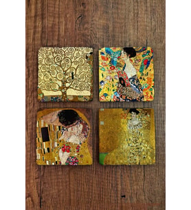 Doğal Taş Bardak Altlığı 4'lü Set 10x10x1 cm Gustav Klimt Tablo Eserleri-Stone Coasters