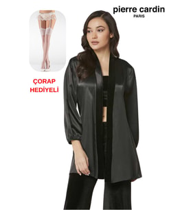 Pierre Cardin Kadın 3'lü Kadife Croplu Sabahlıklı Saten Pijama Takım Çorap Hediyeli (Siyah)