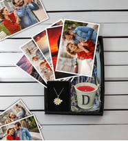 BK Gift Kişiye Özel 10 adet Fotoğraf Baskısı, İsimli Papatya  Kolye ve Mini Metal Kovada Kokulu Mum Hediye Seti, Sevgiliye Hediye, Yıl Dönümü Hediyesi