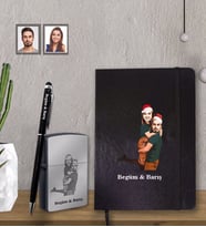 Kişiye Özel Yılbaşı Sevgili Karikatürlü Siyah Defter Kalem Çakmak Hediye Seti Model-6 (Model 1)