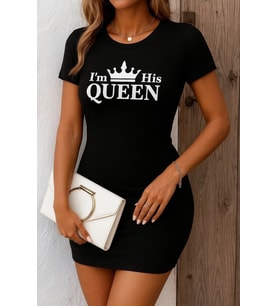 Kadın Kısa Kollu Queen Baskı Iki Iplik Mini Elbise