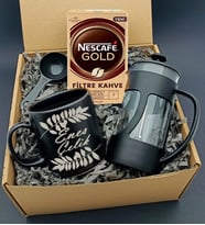 Kişiye Özel Gümüş İsim Baskılı Mat Siyah Kupa & French Press & Nescafe Gold Filtre Kahve